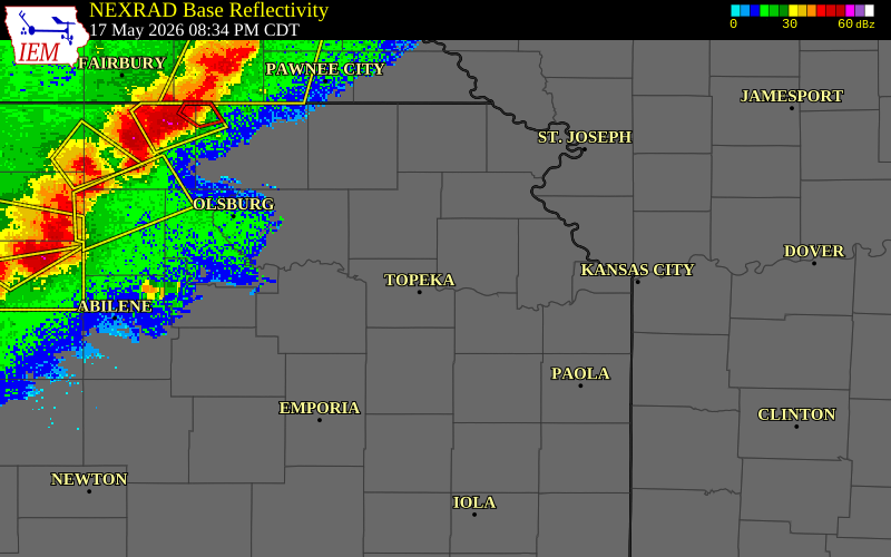 NEXRAD radar during the Sunday, May 17, 2026 storm activity in Jefferson County, Kansas