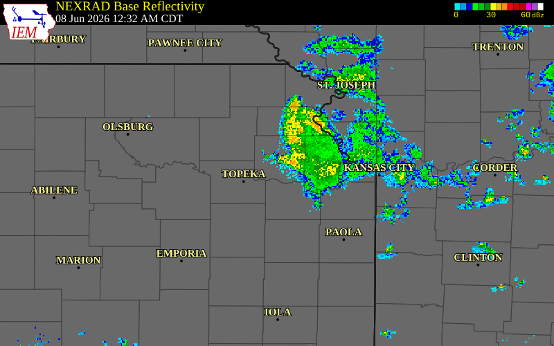 NEXRAD radar during the Monday, June 8, 2026 storm activity in Jefferson County, Kansas
