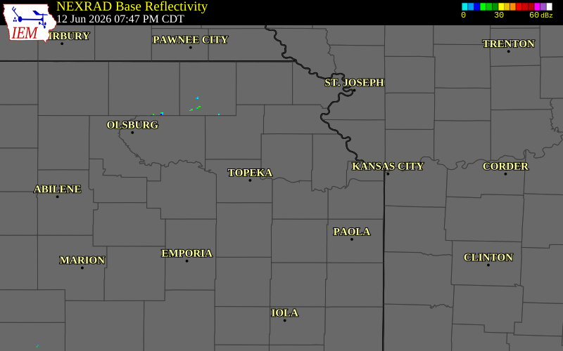 NEXRAD radar during the Friday, June 12, 2026 storm activity in Jefferson County, Kansas