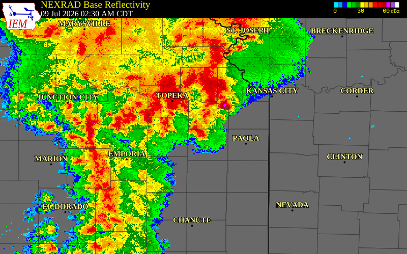 NEXRAD radar during the Thursday, July 9, 2026 storm activity in Jefferson County, Kansas
