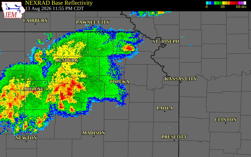 NEXRAD radar during the Thursday, August 13, 2026 storm activity in Jefferson County, Kansas