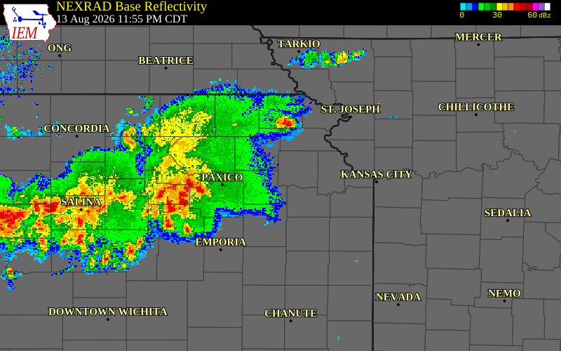 Radar snapshot during the Aug 13, 2026 wind event near 2 S Meriden, Jefferson County, Kansas, with NWS warning polygons