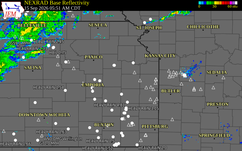 Current NEXRAD radar over Jefferson County, Kansas with recent storm report locations