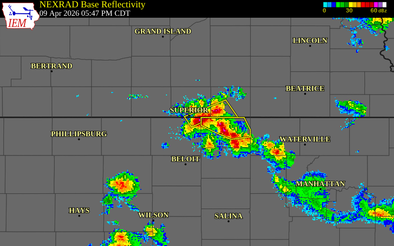 NEXRAD radar during the Thursday, April 9, 2026 storm activity in Jewell County, Kansas