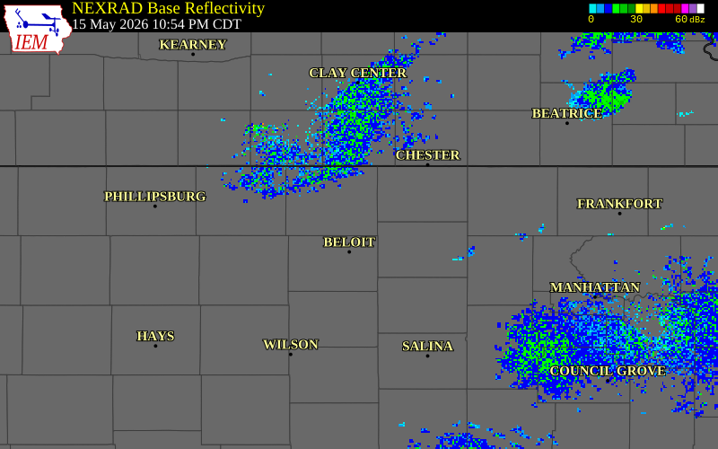 NEXRAD radar during the Friday, May 15, 2026 storm activity in Jewell County, Kansas