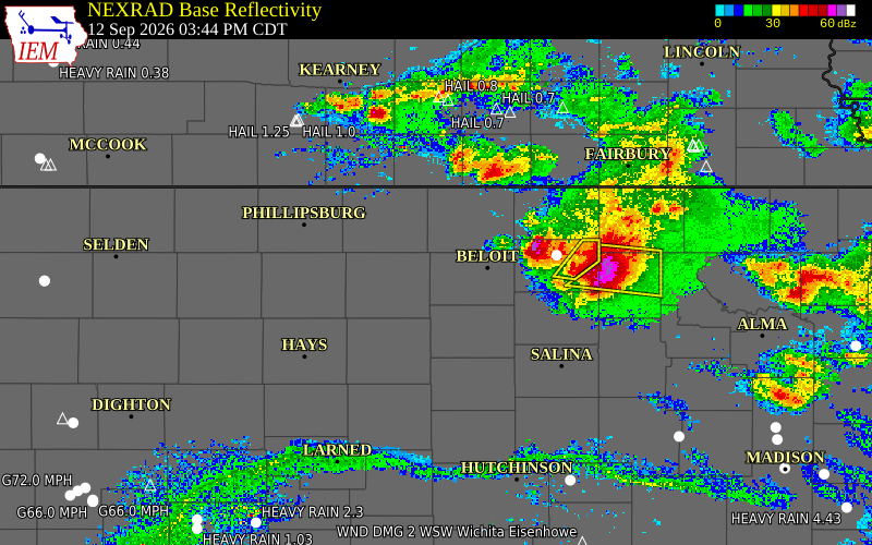 Current NEXRAD radar over Jewell County, Kansas with recent storm report locations