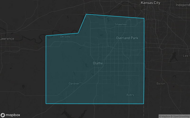 Map of Johnson County, Kansas showing the county boundary and surrounding cities