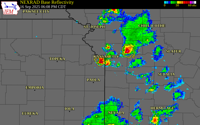 NEXRAD radar during the Tuesday, September 16, 2025 storm activity in Johnson County, Kansas
