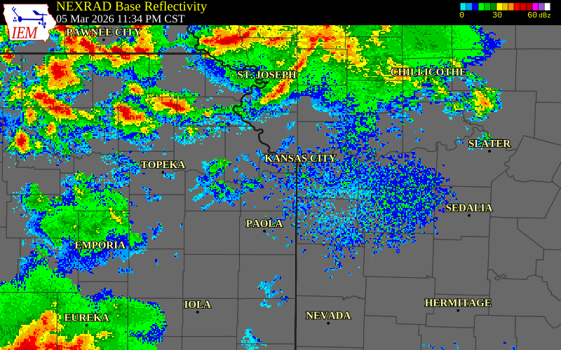 NEXRAD radar during the Thursday, March 5, 2026 storm activity in Johnson County, Kansas