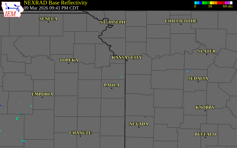 NEXRAD radar during the Monday, March 9, 2026 storm activity in Johnson County, Kansas