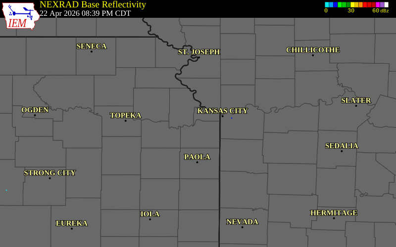NEXRAD radar during the Wednesday, April 22, 2026 storm activity in Johnson County, Kansas