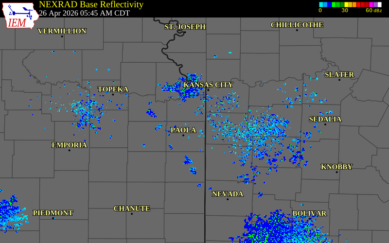 NEXRAD radar during the Sunday, April 26, 2026 storm activity in Johnson County, Kansas