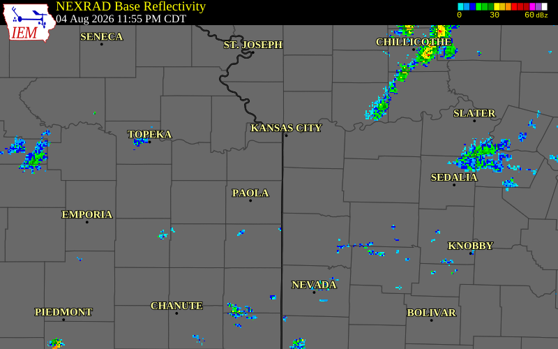 NEXRAD radar during the Tuesday, August 4, 2026 storm activity in Johnson County, Kansas