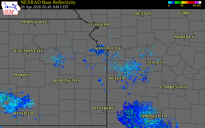 Radar snapshot during the Apr 26, 2026 tornado event near 1 NW Bucyrus, Johnson County, Kansas, with NWS warning polygons
