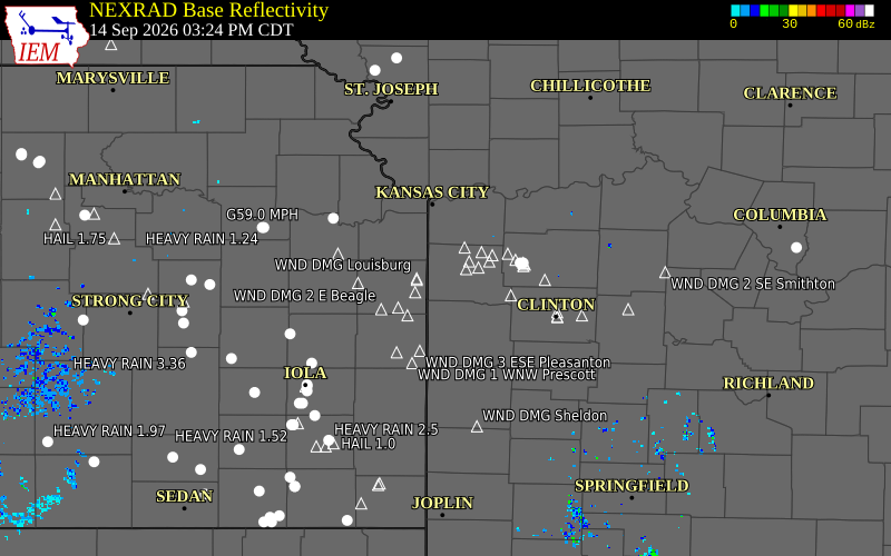 Current NEXRAD radar over Johnson County, Kansas with recent storm report locations