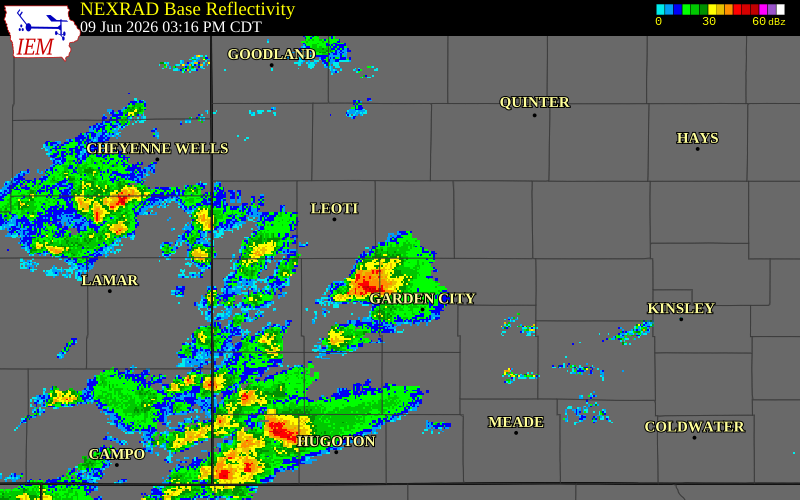 NEXRAD radar during the Tuesday, June 9, 2026 storm activity in Kearny County, Kansas
