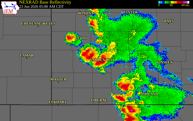 NEXRAD radar during the Tuesday, June 23, 2026 storm activity in Kearny County, Kansas