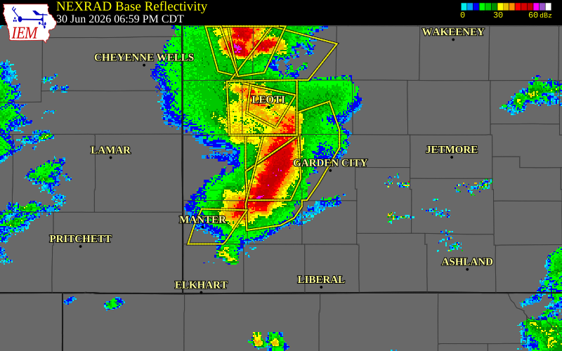 NEXRAD radar during the Tuesday, June 30, 2026 storm activity in Kearny County, Kansas