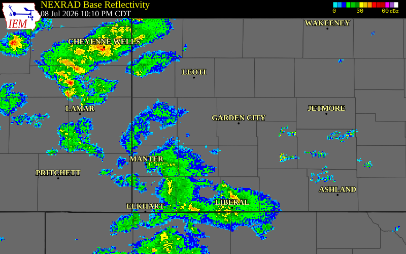NEXRAD radar during the Wednesday, July 8, 2026 storm activity in Kearny County, Kansas