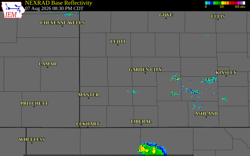 NEXRAD radar during the Friday, August 7, 2026 storm activity in Kearny County, Kansas