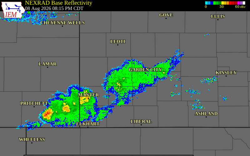 NEXRAD radar during the Saturday, August 8, 2026 storm activity in Kearny County, Kansas