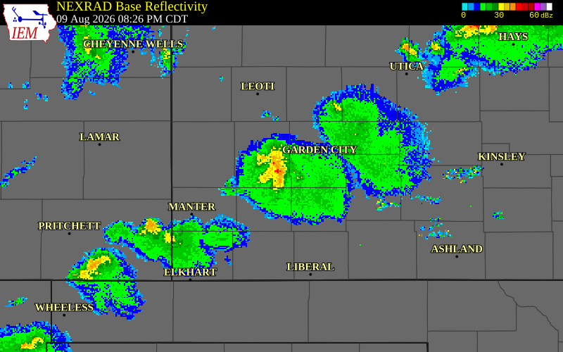 NEXRAD radar during the Sunday, August 9, 2026 storm activity in Kearny County, Kansas