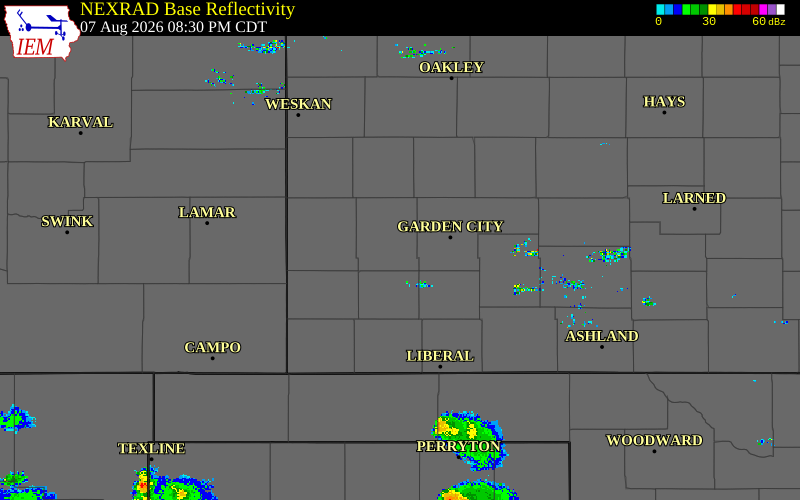 Radar snapshot during the Aug 7, 2026 wind event near 4 SSE Lakin, Kearny County, Kansas, with NWS warning polygons