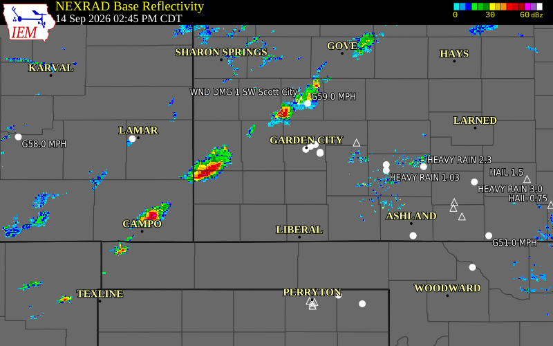 Current NEXRAD radar over Kearny County, Kansas with recent storm report locations
