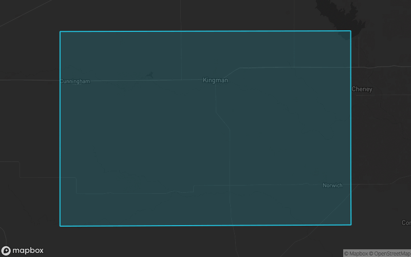 Map of Kingman County, Kansas showing the county boundary and surrounding cities