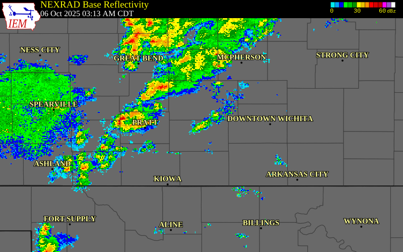 NEXRAD radar during the Monday, October 6, 2025 storm activity in Kingman County, Kansas
