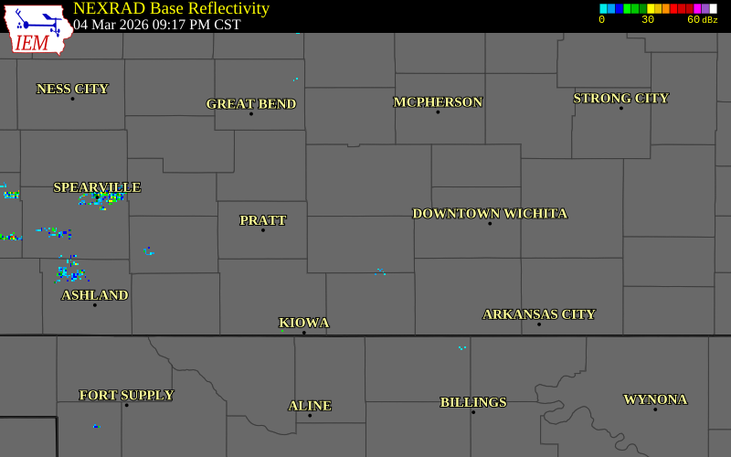 NEXRAD radar during the Wednesday, March 4, 2026 storm activity in Kingman County, Kansas
