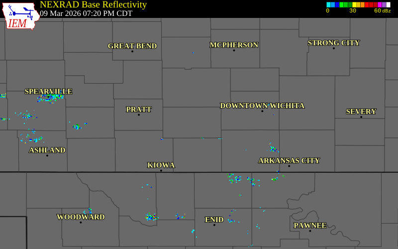 NEXRAD radar during the Monday, March 9, 2026 storm activity in Kingman County, Kansas