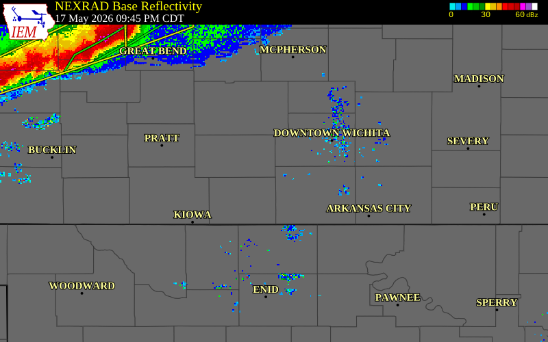 NEXRAD radar during the Sunday, May 17, 2026 storm activity in Kingman County, Kansas
