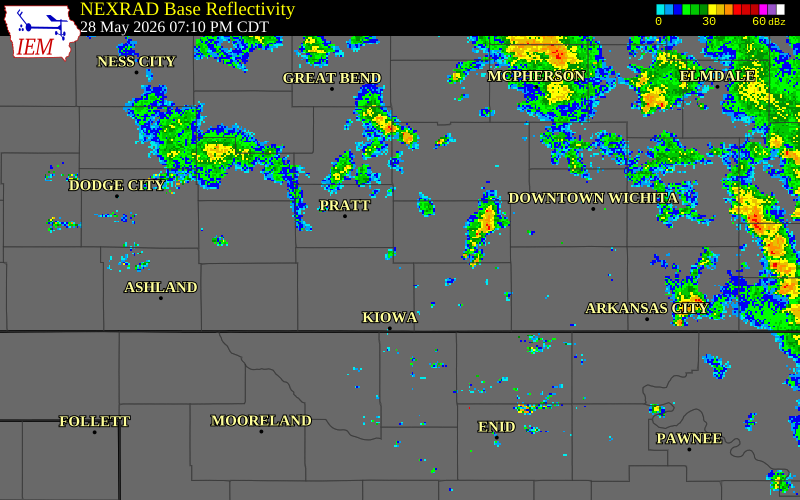 NEXRAD radar during the Thursday, May 28, 2026 storm activity in Kingman County, Kansas