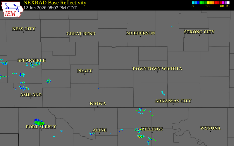 NEXRAD radar during the Friday, June 12, 2026 storm activity in Kingman County, Kansas