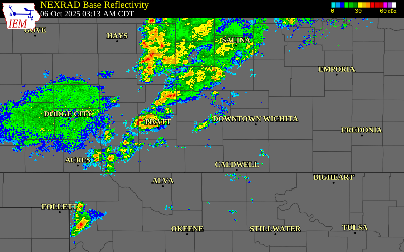 Radar snapshot during the Oct 6, 2025 hail event near 1 N Kingman, Kingman County, Kansas, with NWS warning polygons