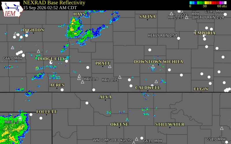 Current NEXRAD radar over Kingman County, Kansas with recent storm report locations