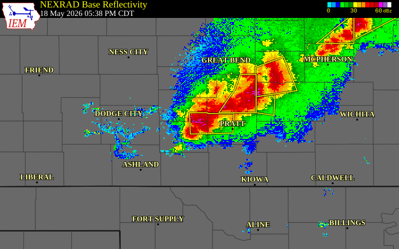 NEXRAD radar during the Monday, May 18, 2026 storm activity in Kiowa County, Kansas