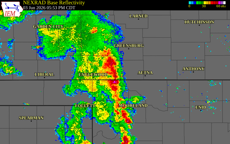 NEXRAD radar during the Wednesday, June 3, 2026 storm activity in Kiowa County, Kansas