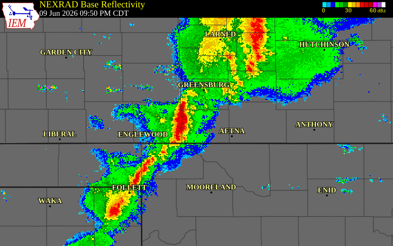 NEXRAD radar during the Tuesday, June 9, 2026 storm activity in Kiowa County, Kansas