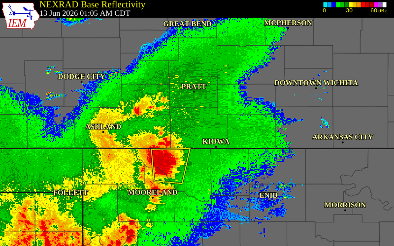 NEXRAD radar during the Saturday, June 13, 2026 storm activity in Kiowa County, Kansas