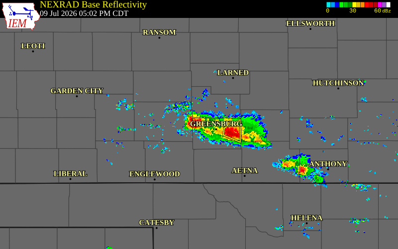 NEXRAD radar during the Thursday, July 9, 2026 storm activity in Kiowa County, Kansas