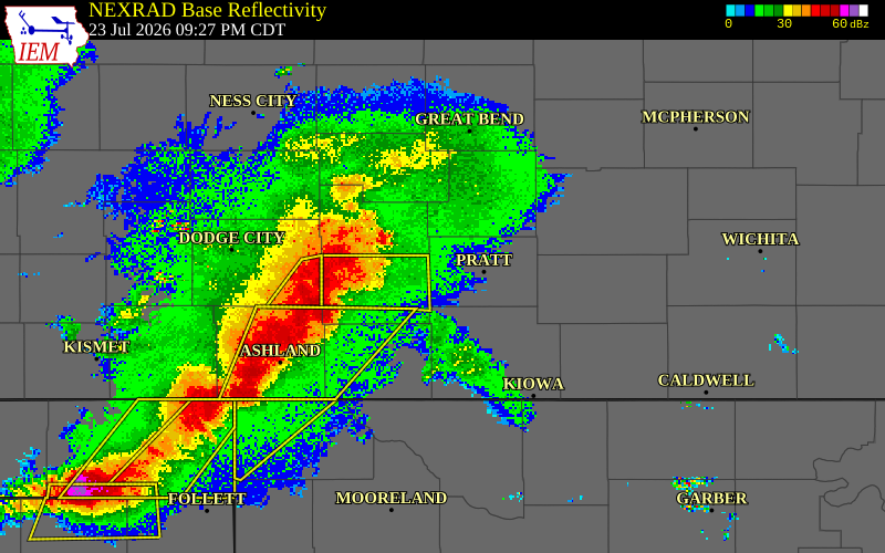 NEXRAD radar during the Thursday, July 23, 2026 storm activity in Kiowa County, Kansas