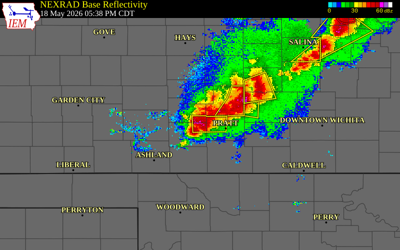 Radar snapshot during the May 18, 2026 hail event near 6 N Haviland, Kiowa County, Kansas, with NWS warning polygons