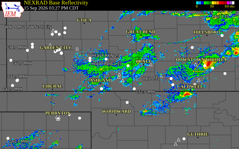 Current NEXRAD radar over Kiowa County, Kansas with recent storm report locations