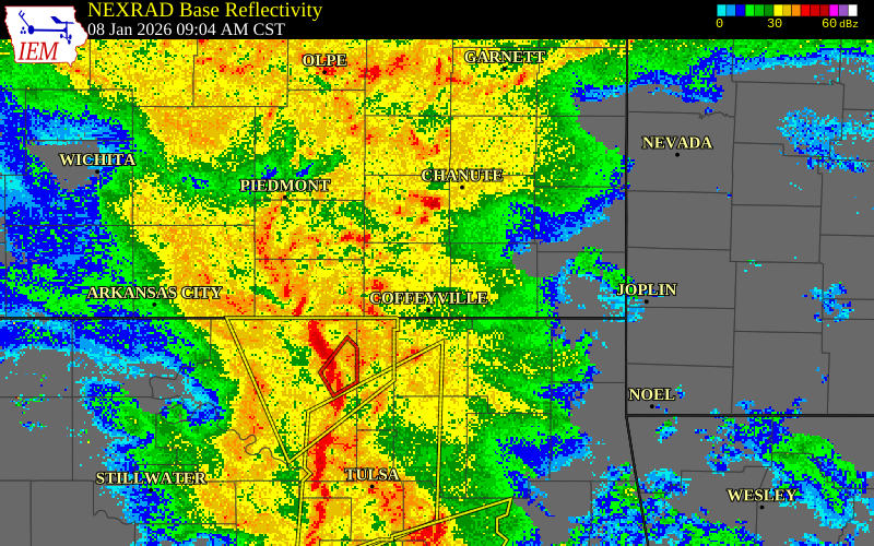 NEXRAD radar during the Thursday, January 8, 2026 storm activity in Labette County, Kansas