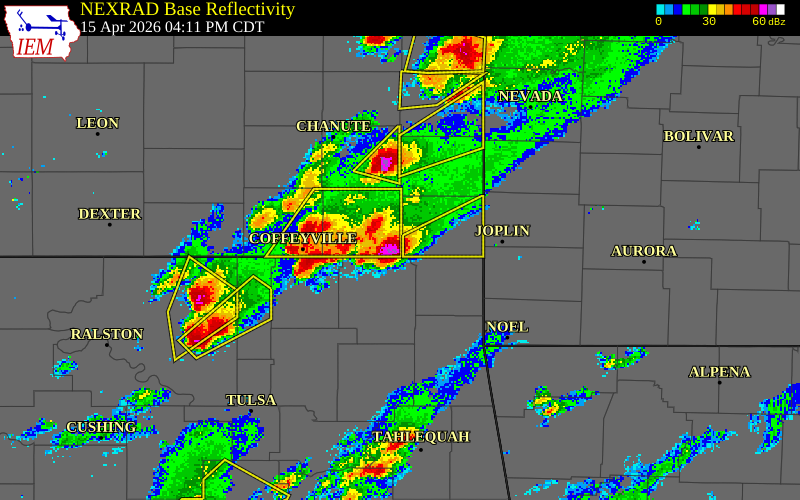 NEXRAD radar during the Wednesday, April 15, 2026 storm activity in Labette County, Kansas