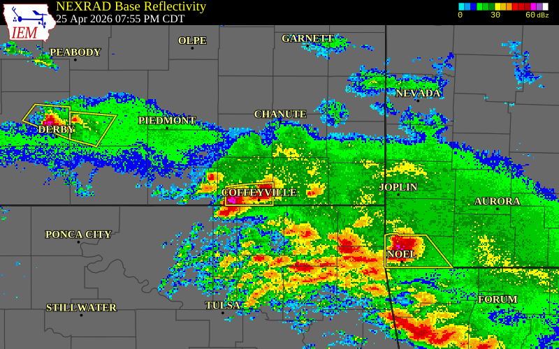 NEXRAD radar during the Saturday, April 25, 2026 storm activity in Labette County, Kansas