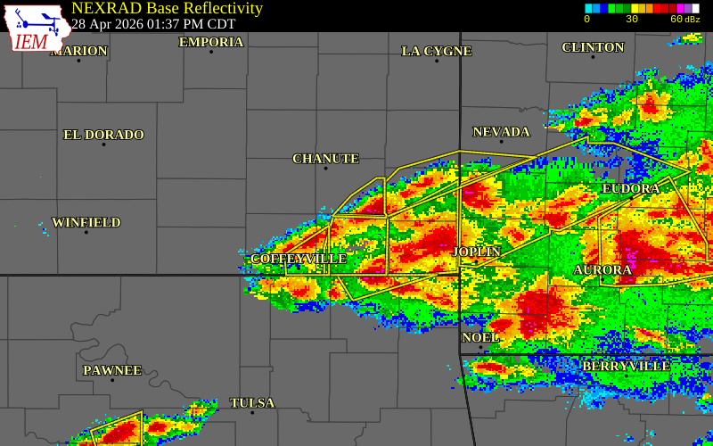 NEXRAD radar during the Tuesday, April 28, 2026 storm activity in Labette County, Kansas