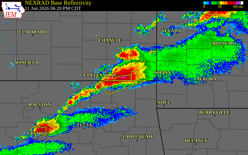 NEXRAD radar during the Thursday, June 11, 2026 storm activity in Labette County, Kansas